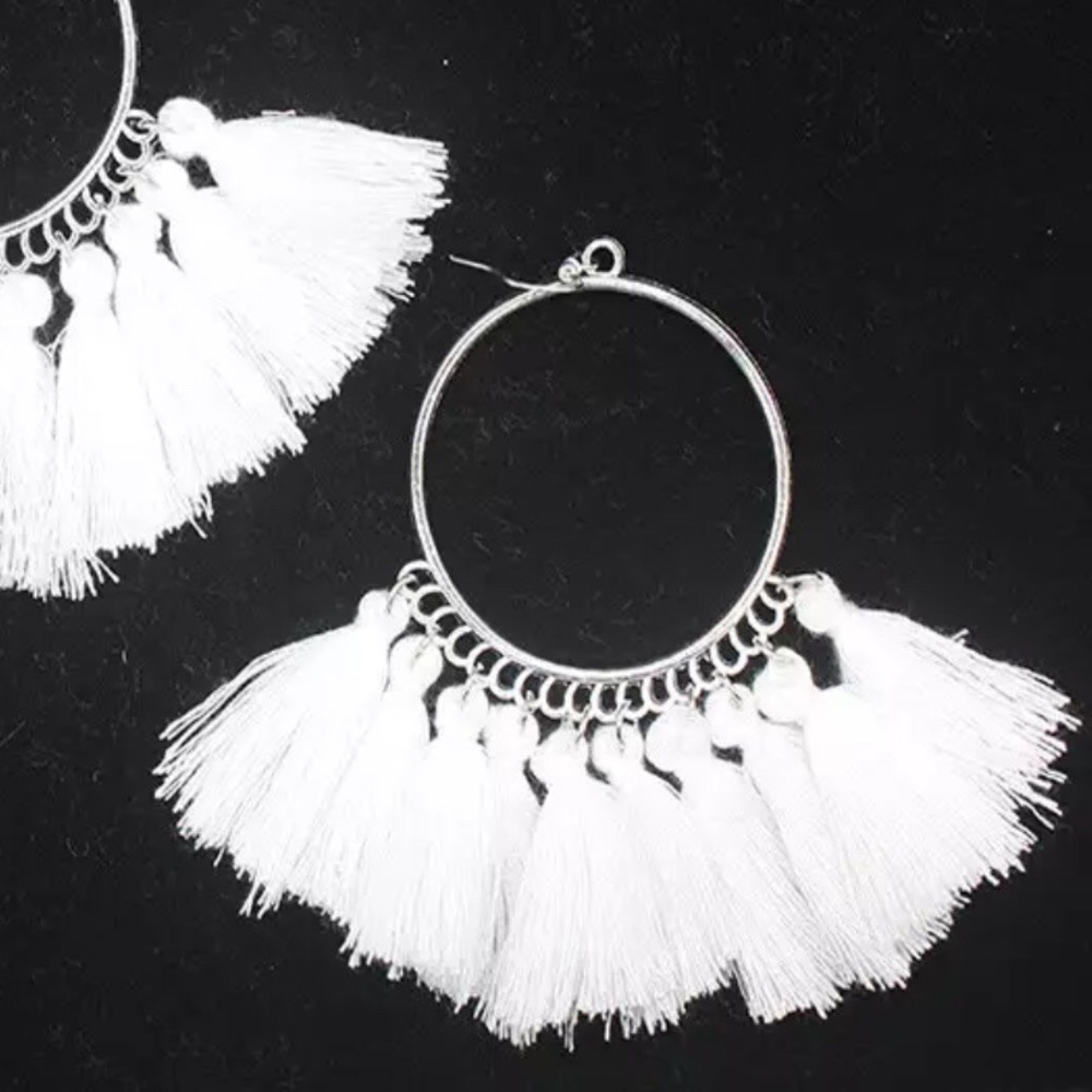 LAST 1 🚨 Boho White & Silver Fringe Hook Earrings